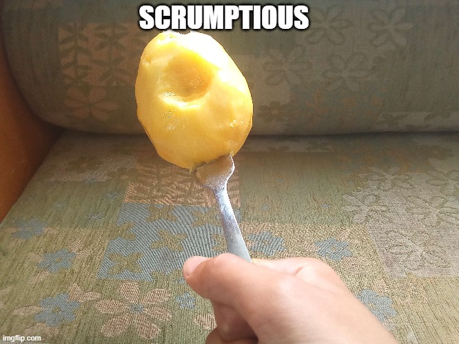 mango on a fork | SCRUMPTIOUS | image tagged in fruit | made w/ Imgflip meme maker