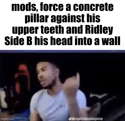 Mods crush his balls | mods, force a concrete pillar against his upper teeth and Ridley Side B his head into a wall | image tagged in mods crush his balls | made w/ Imgflip meme maker