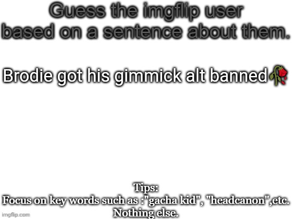 Guess the imgflip user based on a sentence about them | Brodie got his gimmick alt banned🥀 | image tagged in guess the imgflip user based on a sentence about them,msmg,memes | made w/ Imgflip meme maker