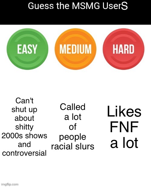 Changed and fixed the shit | S; Can't shut up about shitty 2000s shows and controversial; Called a lot of people racial slurs; Likes FNF a lot | image tagged in guess the msmg user,msmg | made w/ Imgflip meme maker