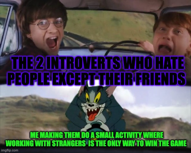 introverts | THE 2 INTROVERTS WHO HATE PEOPLE EXCEPT THEIR FRIENDS; ME MAKING THEM DO A SMALL ACTIVITY WHERE WORKING WITH STRANGERS  IS THE ONLY WAY TO WIN THE GAME | image tagged in harry potter tom cat meme | made w/ Imgflip meme maker