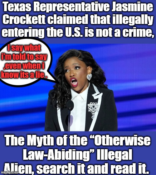 Texas Representative Jasmine Crockett claimed that illegally entering the U.S. is not a crime, I say what i'm told to say ,even when i know its a lie . The Myth of the “Otherwise Law-Abiding” Illegal Alien, search it and read it. | made w/ Imgflip meme maker