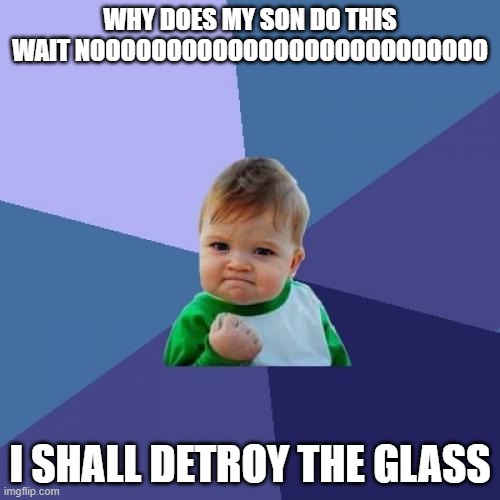 Success Kid Meme | WHY DOES MY SON DO THIS WAIT NOOOOOOOOOOOOOOOOOOOOOOOOOO; I SHALL DETROY THE GLASS | image tagged in memes,success kid | made w/ Imgflip meme maker