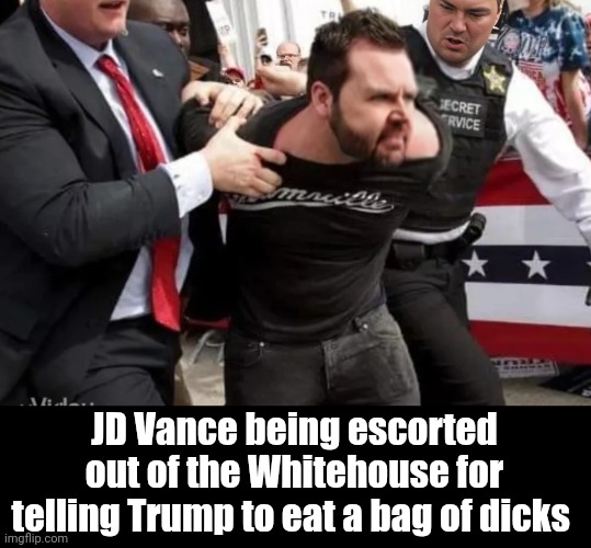 Eat a bag of...... | JD Vance being escorted out of the Whitehouse for telling Trump to eat a bag of dicks | image tagged in vice president,donald trump,arrested,face swap | made w/ Imgflip meme maker