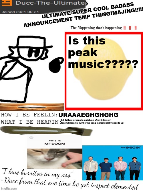 Lil Culture groans in autotune after 3 days of fent withdrawal (while the song incrementally speeds up) | Is this peak music????? URAAAEGHGHGHG; Lil Culture groans in autotune after 3 days of fent withdrawal (while the song incrementally speeds up) | image tagged in dtu's ultimate super cool badass announcement temp thingimajing | made w/ Imgflip meme maker
