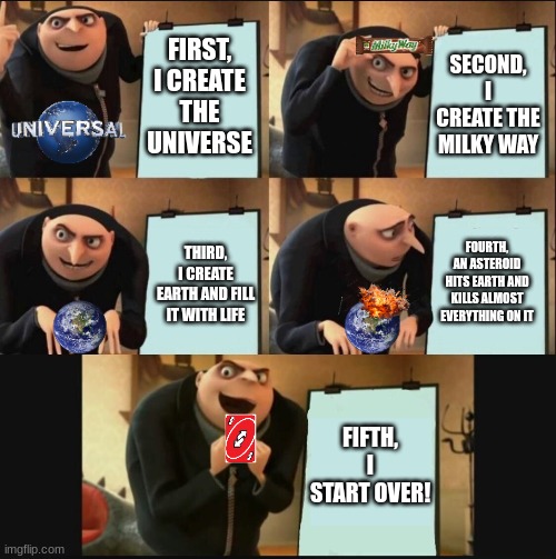 God's plan | FIRST, I CREATE THE UNIVERSE; SECOND, I CREATE THE MILKY WAY; FOURTH, AN ASTEROID HITS EARTH AND KILLS ALMOST EVERYTHING ON IT; THIRD, I CREATE EARTH AND FILL IT WITH LIFE; FIFTH, I START OVER! | image tagged in 5 panel gru meme | made w/ Imgflip meme maker