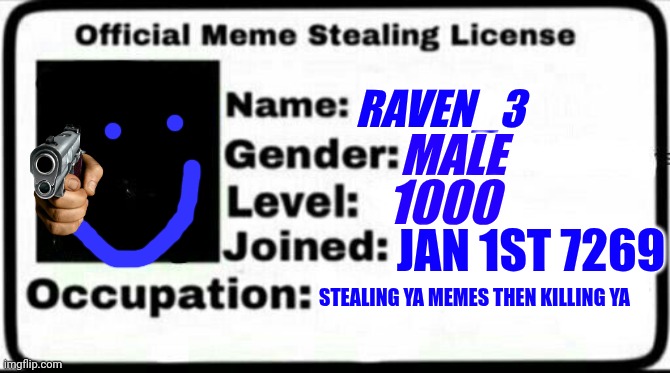 My meme stealing licence | RAVEN_3; MALE; 1000; JAN 1ST 7269; STEALING YA MEMES THEN KILLING YA | image tagged in memes | made w/ Imgflip meme maker