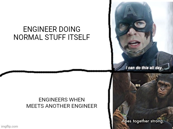 Yes | ENGINEER DOING NORMAL STUFF ITSELF; ENGINEERS WHEN MEETS ANOTHER ENGINEER | image tagged in i can do this all day apes together strong | made w/ Imgflip meme maker