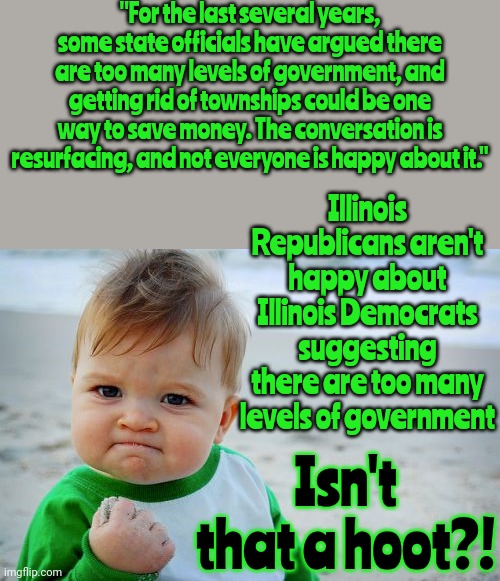 Hypocrisy | "For the last several years, some state officials have argued there are too many levels of government, and getting rid of townships could be one way to save money. The conversation is resurfacing, and not everyone is happy about it."; Illinois Republicans aren't happy about Illinois Democrats suggesting there are too many levels of government; Isn't that a hoot?! | image tagged in memes,success kid original,conservative hypocrisy,conservative logic,maga,hypocrites | made w/ Imgflip meme maker