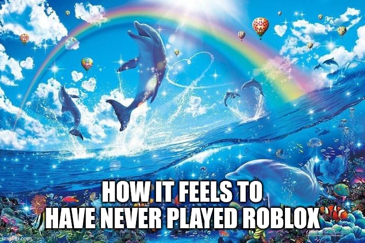 Happy dolphin rainbow | HOW IT FEELS TO HAVE NEVER PLAYED ROBLOX | image tagged in happy dolphin rainbow | made w/ Imgflip meme maker