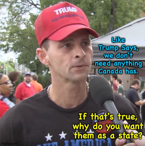 Dumb Trumper | Like Trump Says, we don't need anything Canada has. If that's true, why do you want them as a state? | image tagged in trump supporter | made w/ Imgflip meme maker