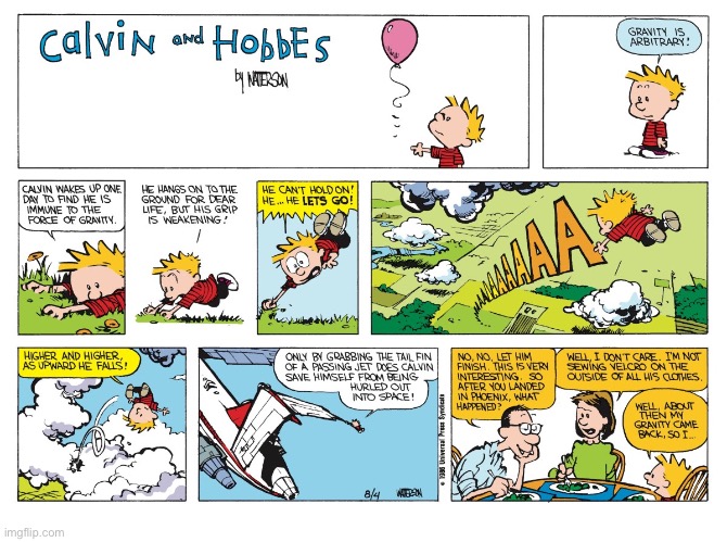 Calvin defies the laws of gravity… | image tagged in calvin and hobbes | made w/ Imgflip meme maker