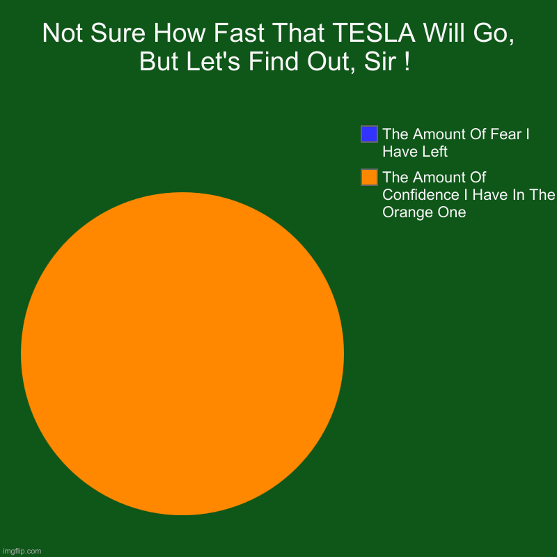 Let 'Er Rip ! | Not Sure How Fast That TESLA Will Go, But Let's Find Out, Sir ! | The Amount Of Confidence I Have In The Orange One, The Amount Of Fear I Ha | image tagged in pie charts,political meme,politics,funny memes,funny | made w/ Imgflip chart maker