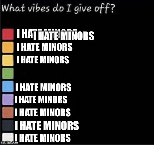 What vibes do i give off? | I HATE MINORS; I HATE MINORS; I HATE MINORS; I HATE MINORS; I HATE MINORS; I HATE MINORS; I HATE MINORS; I HATE MINORS; I HATE MINORS | image tagged in what vibes do i give off | made w/ Imgflip meme maker