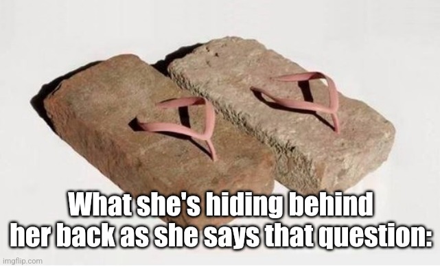 brick slippers  | What she's hiding behind her back as she says that question: | image tagged in brick slippers | made w/ Imgflip meme maker
