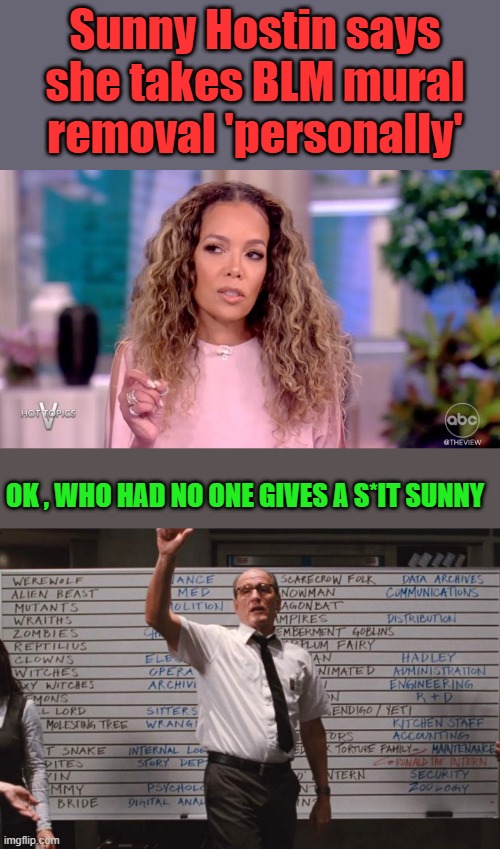 Sunny Hostin says she takes BLM mural removal 'personally'; OK , WHO HAD NO ONE GIVES A S*IT SUNNY | image tagged in cabin the the woods | made w/ Imgflip meme maker