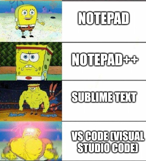 The strength of text editors in coding | NOTEPAD; NOTEPAD++; SUBLIME TEXT; VS CODE (VISUAL STUDIO CODE) | image tagged in weak vs strong spongebob,coding,programming | made w/ Imgflip meme maker