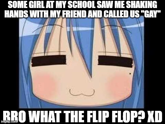 mf we're just buddies, big ol' pals, not boyfriends LMAO | SOME GIRL AT MY SCHOOL SAW ME SHAKING HANDS WITH MY FRIEND AND CALLED US "GAY"; BRO WHAT THE FLIP FLOP? XD | image tagged in lucky star konata izumi | made w/ Imgflip meme maker