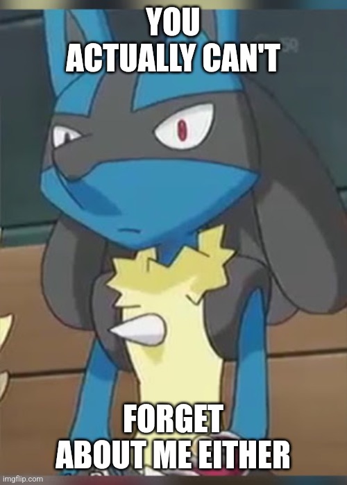 Lucario | YOU ACTUALLY CAN'T FORGET ABOUT ME EITHER | image tagged in lucario | made w/ Imgflip meme maker