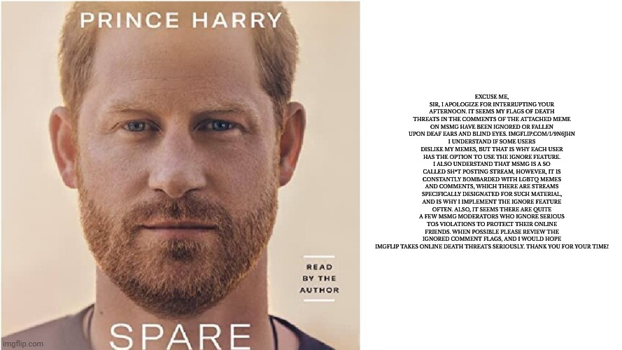 rip | EXCUSE ME, SIR, I APOLOGIZE FOR INTERRUPTING YOUR AFTERNOON. IT SEEMS MY FLAGS OF DEATH THREATS IN THE COMMENTS OF THE ATTACHED MEME ON MSMG HAVE BEEN IGNORED OR FALLEN UPON DEAF EARS AND BLIND EYES. IMGFLIP.COM/I/9N6JHN I UNDERSTAND IF SOME USERS DISLIKE MY MEMES, BUT THAT IS WHY EACH USER HAS THE OPTION TO USE THE IGNORE FEATURE. I ALSO UNDERSTAND THAT MSMG IS A SO CALLED SH*T POSTING STREAM, HOWEVER, IT IS CONSTANTLY BOMBARDED WITH LGBTQ MEMES AND COMMENTS, WHICH THERE ARE STREAMS SPECIFICALLY DESIGNATED FOR SUCH MATERIAL, AND IS WHY I IMPLEMENT THE IGNORE FEATURE OFTEN. ALSO, IT SEEMS THERE ARE QUITE A FEW MSMG MODERATORS WHO IGNORE SERIOUS TOS VIOLATIONS TO PROTECT THEIR ONLINE FRIENDS. WHEN POSSIBLE PLEASE REVIEW THE IGNORED COMMENT FLAGS, AND I WOULD HOPE IMGFLIP TAKES ONLINE DEATH THREATS SERIOUSLY. THANK YOU FOR YOUR TIME! | image tagged in prince harry spare | made w/ Imgflip meme maker