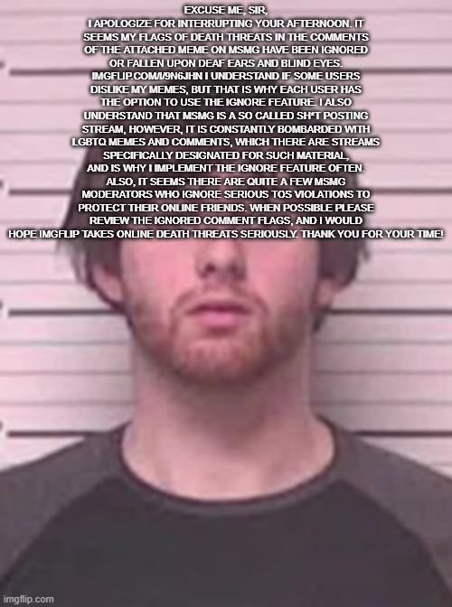 lazy mazy | EXCUSE ME, SIR, I APOLOGIZE FOR INTERRUPTING YOUR AFTERNOON. IT SEEMS MY FLAGS OF DEATH THREATS IN THE COMMENTS OF THE ATTACHED MEME ON MSMG HAVE BEEN IGNORED OR FALLEN UPON DEAF EARS AND BLIND EYES. IMGFLIP.COM/I/9N6JHN I UNDERSTAND IF SOME USERS DISLIKE MY MEMES, BUT THAT IS WHY EACH USER HAS THE OPTION TO USE THE IGNORE FEATURE. I ALSO UNDERSTAND THAT MSMG IS A SO CALLED SH*T POSTING STREAM, HOWEVER, IT IS CONSTANTLY BOMBARDED WITH LGBTQ MEMES AND COMMENTS, WHICH THERE ARE STREAMS SPECIFICALLY DESIGNATED FOR SUCH MATERIAL, AND IS WHY I IMPLEMENT THE IGNORE FEATURE OFTEN. ALSO, IT SEEMS THERE ARE QUITE A FEW MSMG MODERATORS WHO IGNORE SERIOUS TOS VIOLATIONS TO PROTECT THEIR ONLINE FRIENDS. WHEN POSSIBLE PLEASE REVIEW THE IGNORED COMMENT FLAGS, AND I WOULD HOPE IMGFLIP TAKES ONLINE DEATH THREATS SERIOUSLY. THANK YOU FOR YOUR TIME! | image tagged in lazy mazy | made w/ Imgflip meme maker