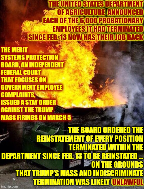 The Convicted Felon Is Breaking The Law ... Again.  Those That Didn't See That Coming Need Medical Attention STAT | THE UNITED STATES DEPARTMENT OF AGRICULTURE  ANNOUNCED EACH OF THE 6,000 PROBATIONARY EMPLOYEES IT HAD TERMINATED SINCE FEB. 13 NOW HAS THEIR JOB BACK; THE MERIT SYSTEMS PROTECTION BOARD, AN INDEPENDENT FEDERAL COURT THAT FOCUSES ON GOVERNMENT EMPLOYEE COMPLAINTS, ISSUED A STAY ORDER AGAINST THE TRUMP MASS FIRINGS ON MARCH 5; THE BOARD ORDERED THE REINSTATEMENT OF EVERY POSITION TERMINATED WITHIN THE DEPARTMENT SINCE FEB. 13 TO BE REINSTATED ...
ON THE GROUNDS THAT TRUMP’S MASS AND INDISCRIMINATE TERMINATION WAS LIKELY UNLAWFUL; UNLAWFUL | image tagged in dumpster fire,donald trump is a convicted rapist,donald trump is a convicted felon,trump lies,maga,memes | made w/ Imgflip meme maker
