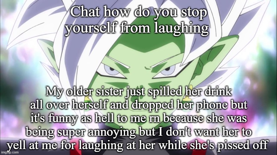 Zamasu | Chat how do you stop yourself from laughing; My older sister just spilled her drink all over herself and dropped her phone but it's funny as hell to me rn because she was being super annoying but I don't want her to yell at me for laughing at her while she's pissed off | image tagged in zamasu | made w/ Imgflip meme maker