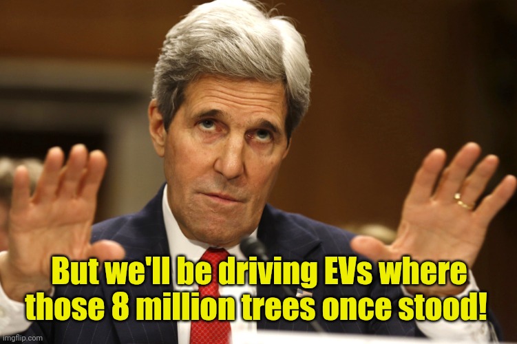 John Kerry can't be both | But we'll be driving EVs where those 8 million trees once stood! | image tagged in john kerry can't be both | made w/ Imgflip meme maker