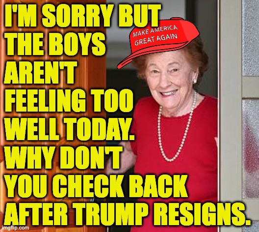 I'M SORRY BUT
THE BOYS
AREN'T
FEELING TOO
WELL TODAY.
WHY DON'T
YOU CHECK BACK
AFTER TRUMP RESIGNS. | made w/ Imgflip meme maker