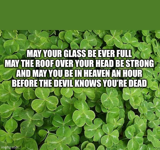 shamrocks | MAY YOUR GLASS BE EVER FULL 

MAY THE ROOF OVER YOUR HEAD BE STRONG 

AND MAY YOU BE IN HEAVEN AN HOUR 

BEFORE THE DEVIL KNOWS YOU’RE DEAD | image tagged in shamrocks | made w/ Imgflip meme maker