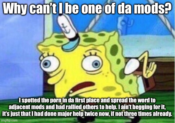 This ain’t a mod beg, I swear. | Why can’t I be one of da mods? I spotted the porn in da first place and spread the word to adjacent mods and had rallied others to help. I ain’t begging for it, it’s just that I had done major help twice now, if not three times already. | image tagged in memes,mocking spongebob | made w/ Imgflip meme maker