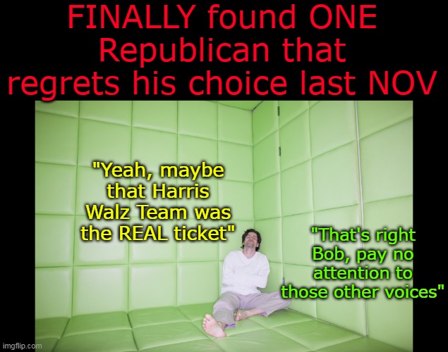 Love the Peeps here that think we have second thoughts LMDickO | FINALLY found ONE Republican that regrets his choice last NOV; "Yeah, maybe that Harris Walz Team was the REAL ticket"; "That's right Bob, pay no attention to those other voices" | image tagged in rubber room voices trump regret meme | made w/ Imgflip meme maker