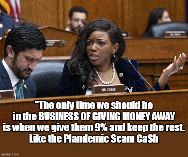 Jasmine Crockett Explains | "The only time we should be in the BUSINESS OF GIVING MONEY AWAY is when we give them 9% and keep the rest.
Like the Plandemic $cam Ca$h | image tagged in crockett business of giving away money meme | made w/ Imgflip meme maker