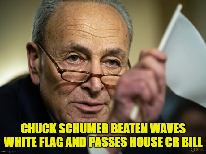 Beaten by Trump and MAGA | CHUCK SCHUMER BEATEN WAVES WHITE FLAG AND PASSES HOUSE CR BILL | image tagged in chuck schumer,government shutdown,economy,economics,maga,trump | made w/ Imgflip meme maker