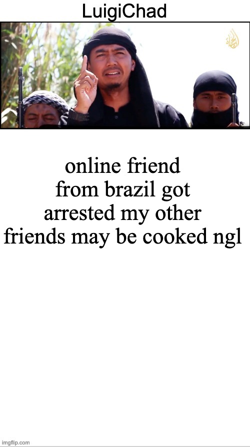 LuigiChad peak | online friend from brazil got arrested my other friends may be cooked ngl | image tagged in luigichad peak | made w/ Imgflip meme maker