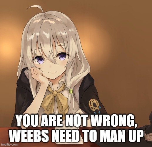 Majo no tabitabi | YOU ARE NOT WRONG, WEEBS NEED TO MAN UP | image tagged in majo no tabitabi | made w/ Imgflip meme maker