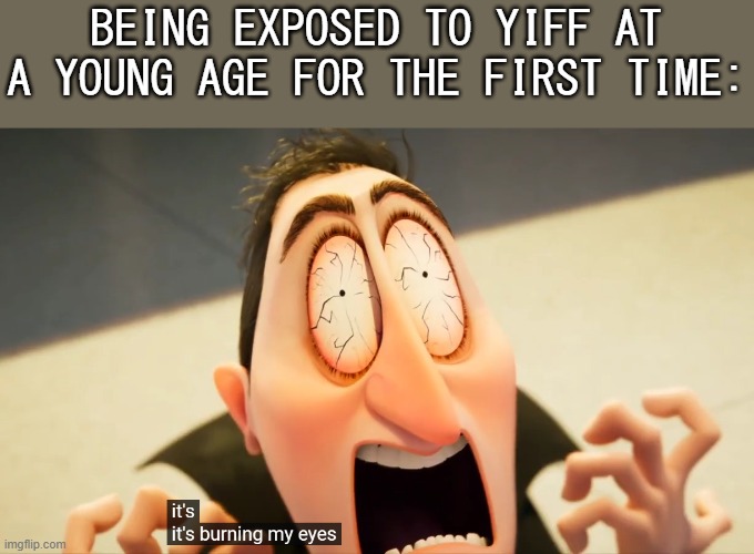 it can mess up their minds | BEING EXPOSED TO YIFF AT A YOUNG AGE FOR THE FIRST TIME: | image tagged in it's burning my eyes | made w/ Imgflip meme maker