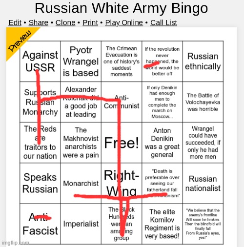 Russian White Army Bingo | image tagged in russian white army bingo | made w/ Imgflip meme maker