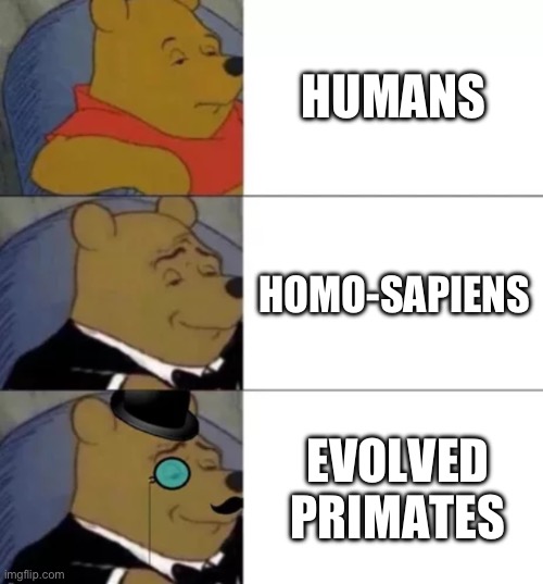 Fancy pooh | HUMANS; HOMO-SAPIENS; EVOLVED PRIMATES | image tagged in fancy pooh | made w/ Imgflip meme maker