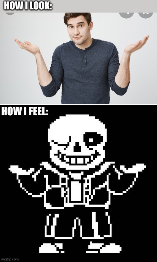 BAD TIME | HOW I LOOK:; HOW I FEEL: | image tagged in random guy shoulder shruging,sans undertale,erererer,memes,funny | made w/ Imgflip meme maker