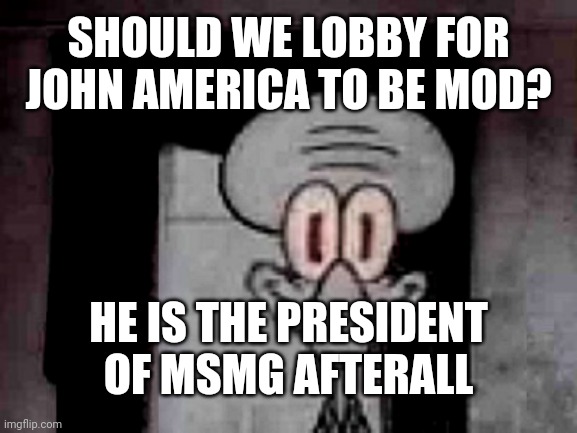 Staring Squidward | SHOULD WE LOBBY FOR JOHN AMERICA TO BE MOD? HE IS THE PRESIDENT OF MSMG AFTERALL | image tagged in staring squidward | made w/ Imgflip meme maker