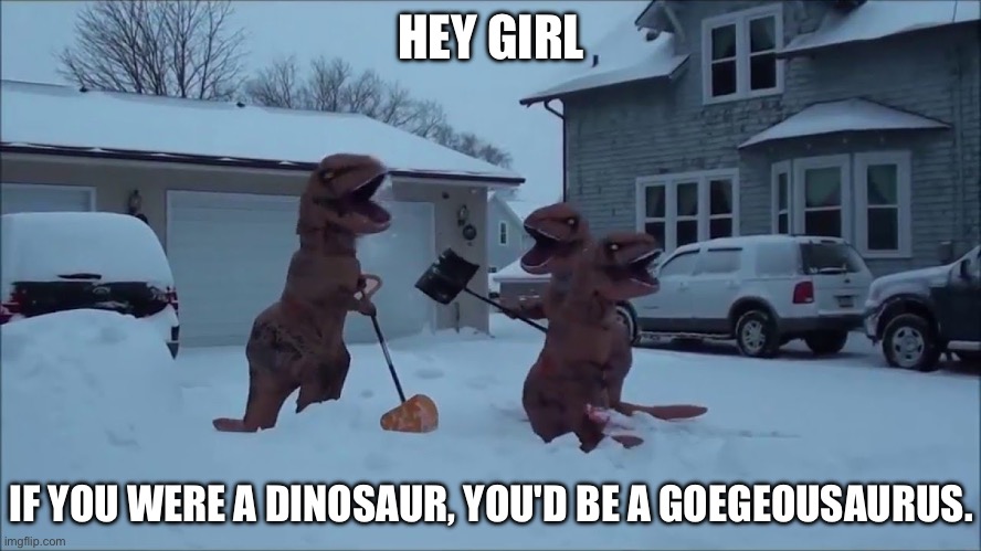 Hey girl (without Ryan Gosling) | HEY GIRL; IF YOU WERE A DINOSAUR, YOU'D BE A GOEGEOUSAURUS. | image tagged in dinosaur,snow,shovel,gorgeous | made w/ Imgflip meme maker