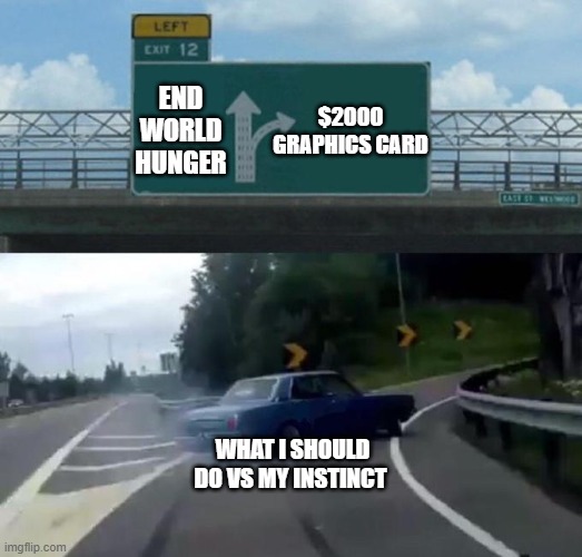 Swerving Car | END WORLD HUNGER; $2000 GRAPHICS CARD; WHAT I SHOULD DO VS MY INSTINCT | image tagged in swerving car | made w/ Imgflip meme maker