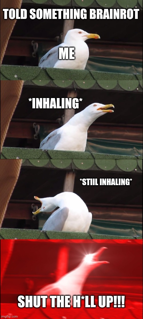 Inhaling Seagull | TOLD SOMETHING BRAINROT; ME; *INHALING*; *STIIL INHALING*; SHUT THE H*LL UP!!! | image tagged in memes,inhaling seagull | made w/ Imgflip meme maker