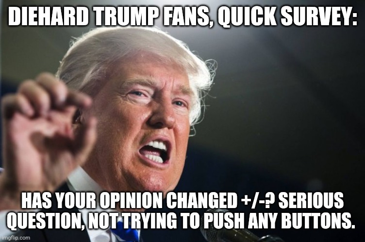 Express yourself. Where are you at roughly a month and half into his presidency? | DIEHARD TRUMP FANS, QUICK SURVEY:; HAS YOUR OPINION CHANGED +/-? SERIOUS QUESTION, NOT TRYING TO PUSH ANY BUTTONS. | image tagged in donald trump | made w/ Imgflip meme maker