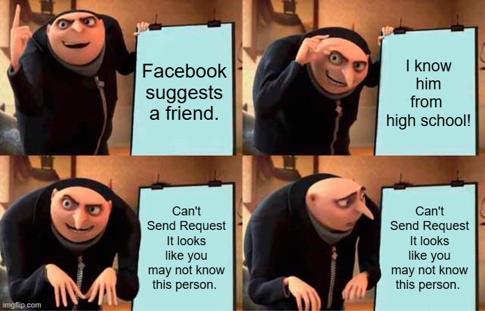 STUPID F4CEB00K!!!! | Facebook
suggests
a friend. I know him
from 
high school! Can't Send Request
It looks like you may not know this person. Can't Send Request
It looks like you may not know this person. | image tagged in memes,gru's plan,facebook problems | made w/ Imgflip meme maker