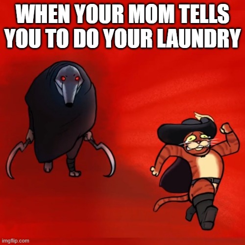 Puss running from death | WHEN YOUR MOM TELLS YOU TO DO YOUR LAUNDRY | image tagged in puss running from death,ahhhhhhhhhhhhh | made w/ Imgflip meme maker