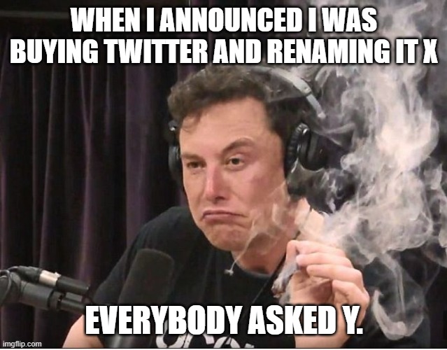 Elon Musk smoking a joint | WHEN I ANNOUNCED I WAS BUYING TWITTER AND RENAMING IT X EVERYBODY ASKED Y. | image tagged in elon musk smoking a joint | made w/ Imgflip meme maker