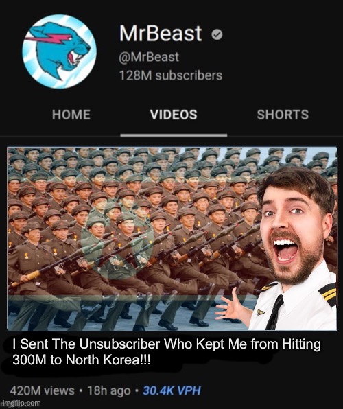 that's the evilest thing i can imagine | I Sent The Unsubscriber Who Kept Me from Hitting
300M to North Korea!!! | image tagged in mrbeast thumbnail template | made w/ Imgflip meme maker