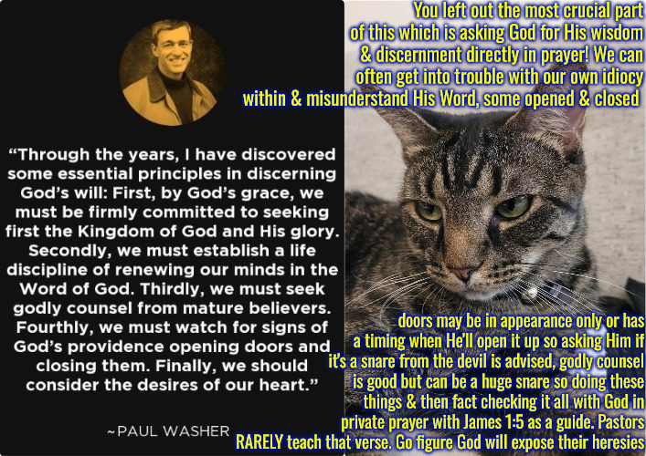 The Most Crucial Part Unsurprisingly Left Out | You left out the most crucial part of this which is asking God for His wisdom & discernment directly in prayer! We can often get into trouble with our own idiocy within & misunderstand His Word, some opened & closed; doors may be in appearance only or has a timing when He'll open it up so asking Him if it's a snare from the devil is advised, godly counsel is good but can be a huge snare so doing these things & then fact checking it all with God in private prayer with James 1:5 as a guide. Pastors RARELY teach that verse. Go figure God will expose their heresies | image tagged in calvinism,arminian,molinism,reformed theology 5 point pastors,ai marionette nuanced gnostic subtly catholic lie,divine puppetry | made w/ Imgflip meme maker